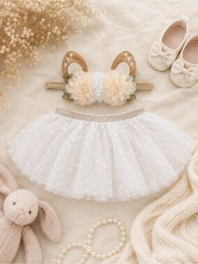NWT White Baby Tutu Set Newborn Photo Outfit Floral Headband